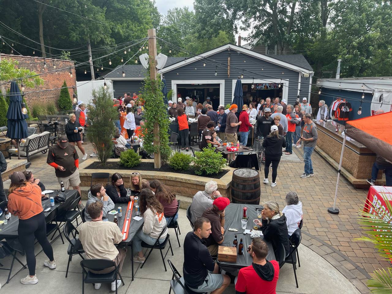 Packed back patio with Browns fans on a Sunday
