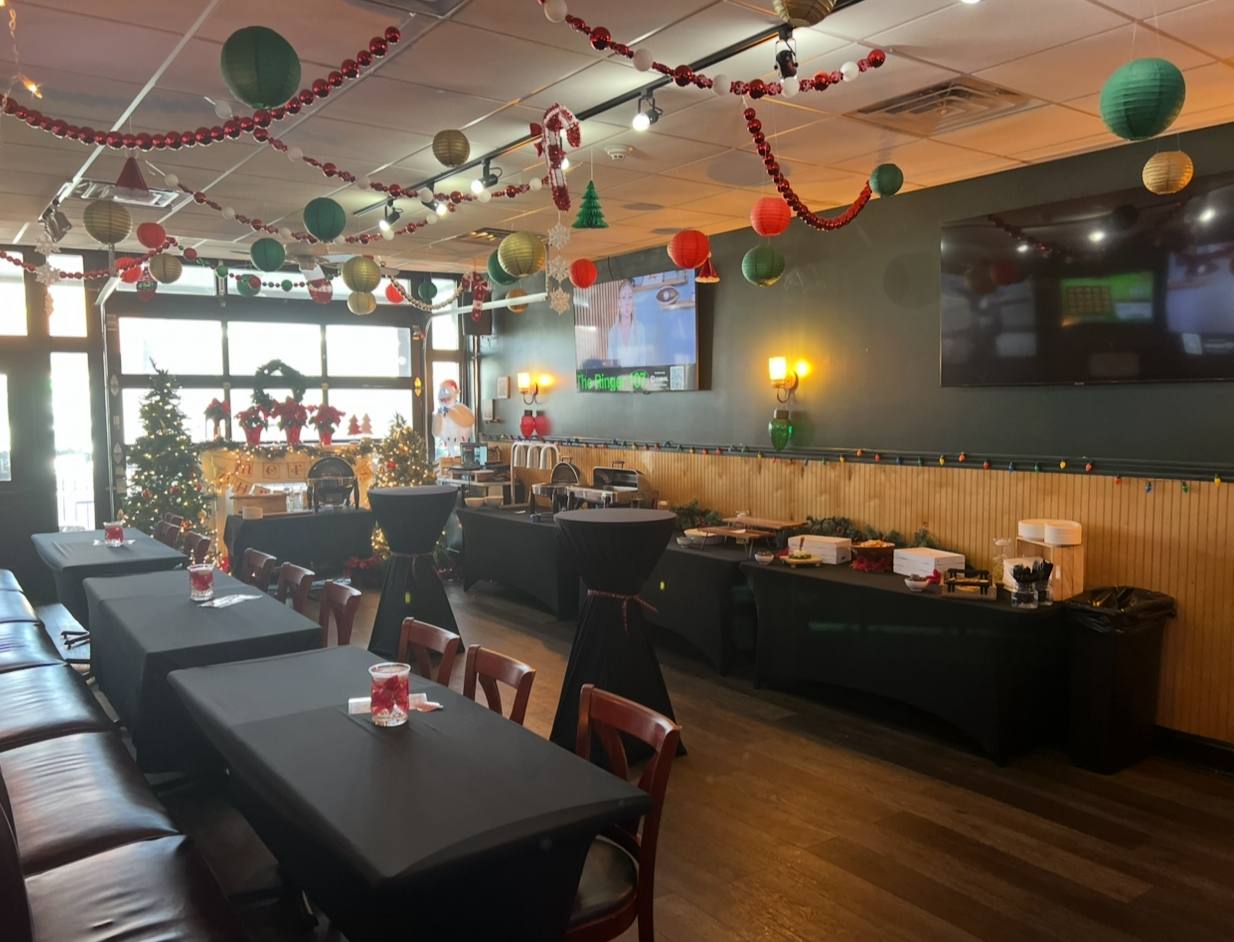 Long banquet tables set up for a private event